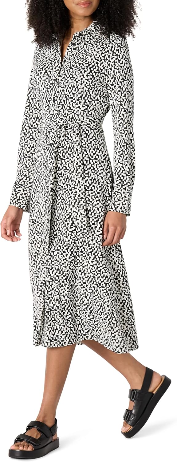 Amazon Essentials Women's Regular-Fit Matte Jersey Midi Length Dress with Classic Collar, Button Front, Removable Belt