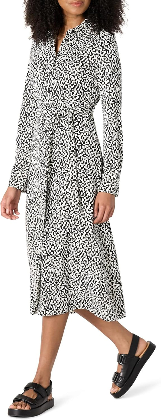 Amazon Essentials Women's Regular-Fit Matte Jersey Midi Length Dress with Classic Collar, Button Front, Removable Belt