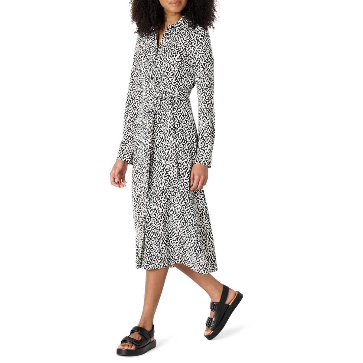 Amazon Essentials Women's Regular-Fit Matte Jersey Midi Length Dress with Classic Collar, Button Front, Removable Belt