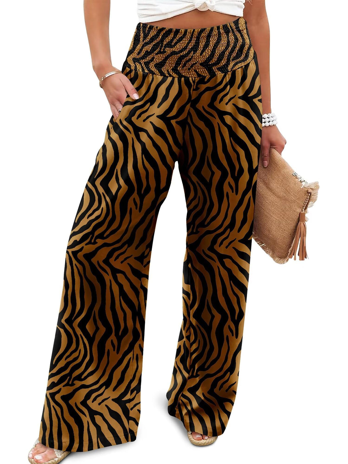 JZC Womens Wide Leg Pants Elastic High Waisted Palazzo Pants Summer Flowy Casual Trousers Beach Travel Vacation Outfits