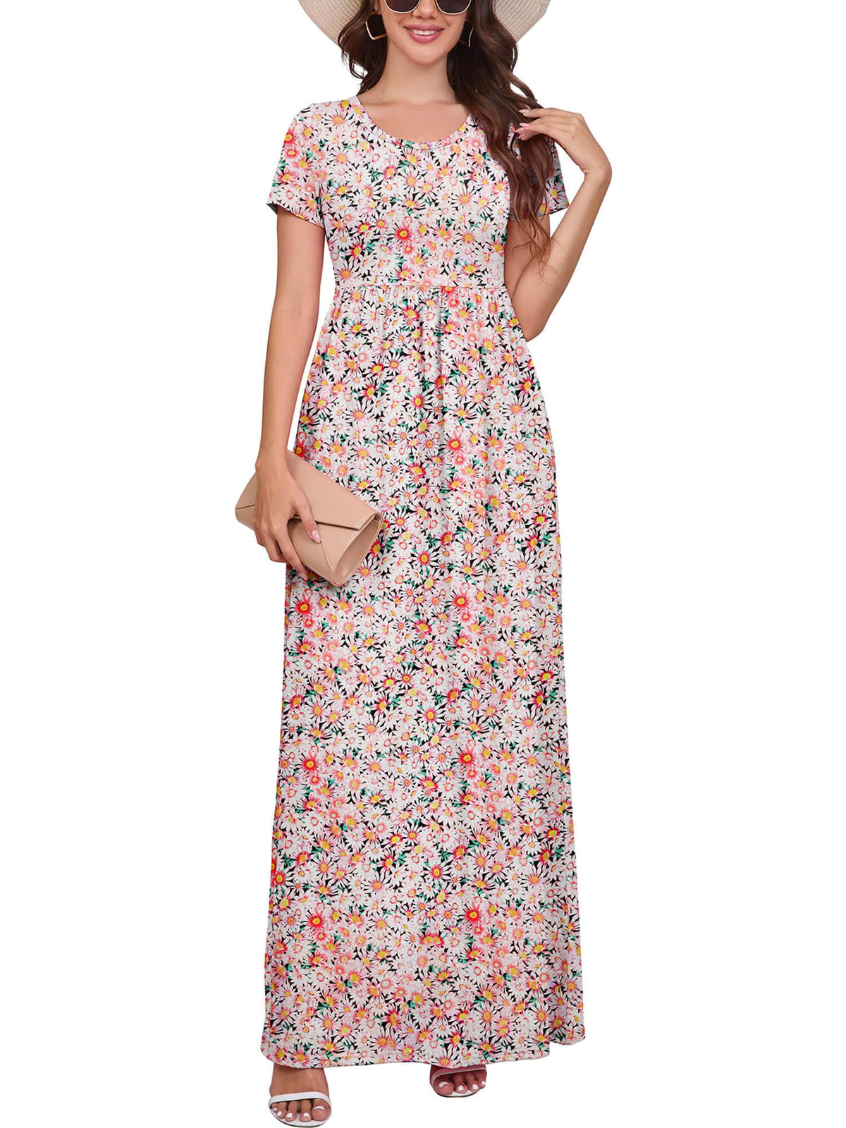 DEARCASE Maxi Dress for Women Short Sleeve Casual Summer Loose Plain Comfy Long Dresses with Pockets