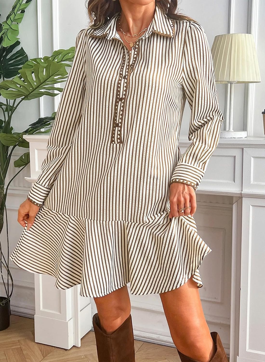 Dokotoo Womens Dresses Striped Button Embroidered Ruffle Hem Mini Dress