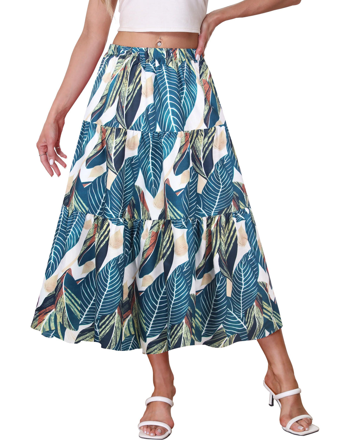 Kingfancy Women's Boho Midi Skirt A-Line Flowy Skirts