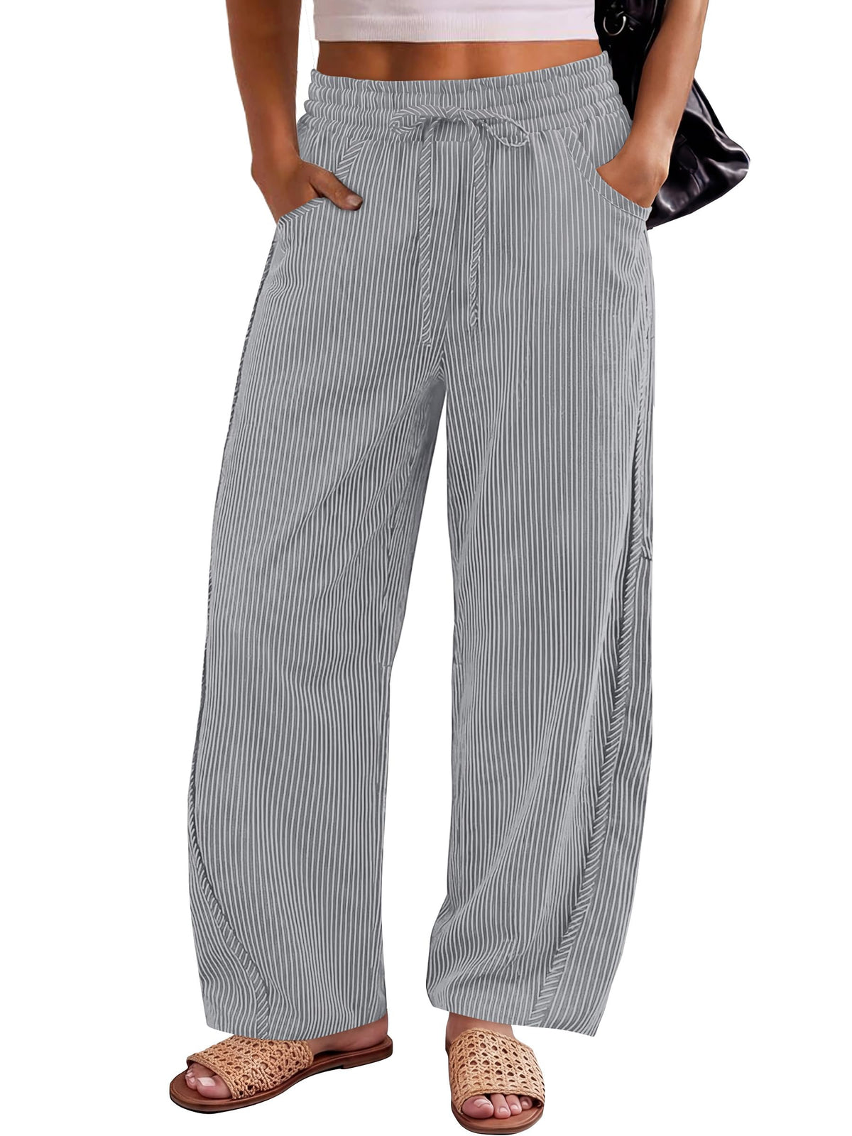ANRABESS Womens Striped Barrel Casual Pants 2026 Trendy Summer Elastic Drawstring Baggy Lounge Wide Leg Trousers with Pockets