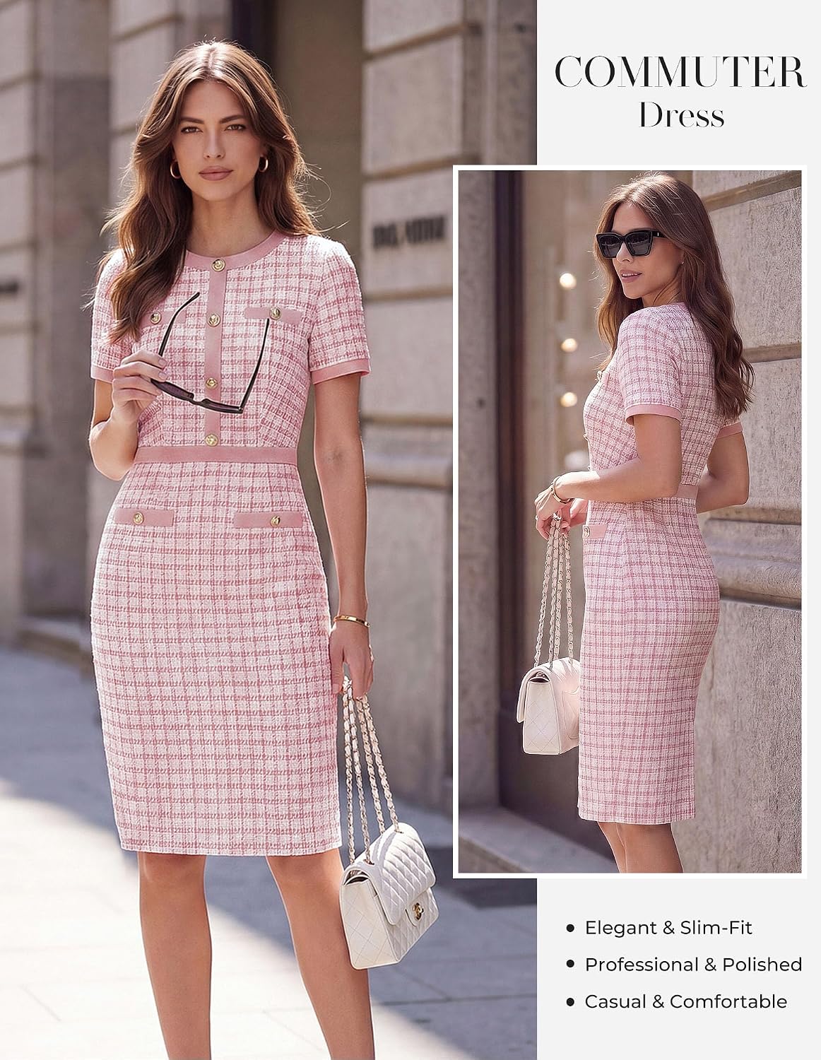 GRACE KARIN Women Work Business Short Sleeve Bodycon Tweed Dress