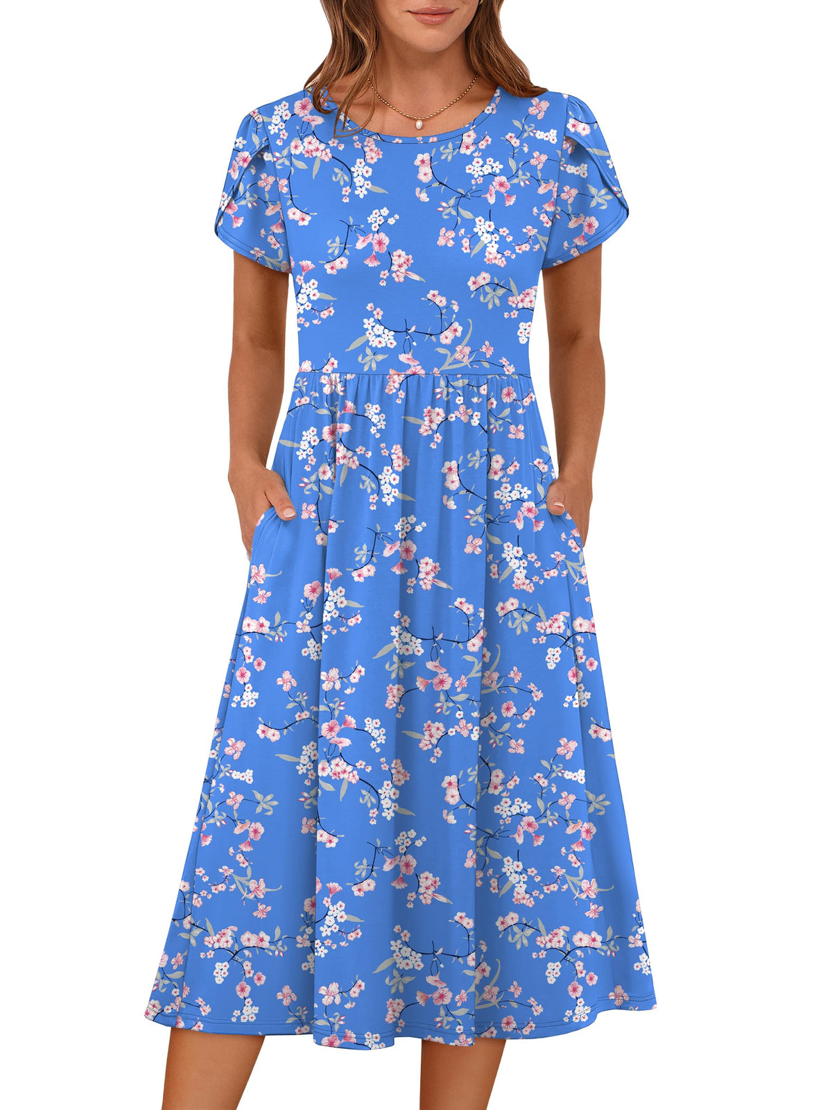 ANRABESS Women's Summer Petal Short Sleeve Midi Dress with Pockets