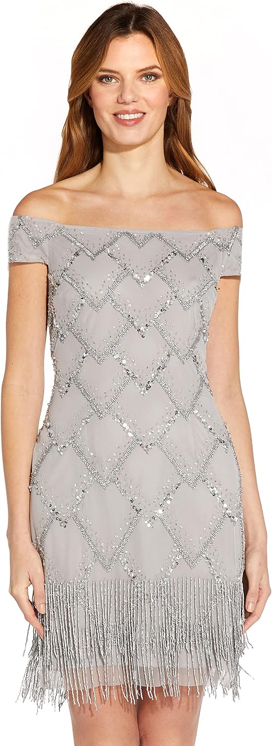 Adrianna Papell Womens Beaded Off Shoulder Gown