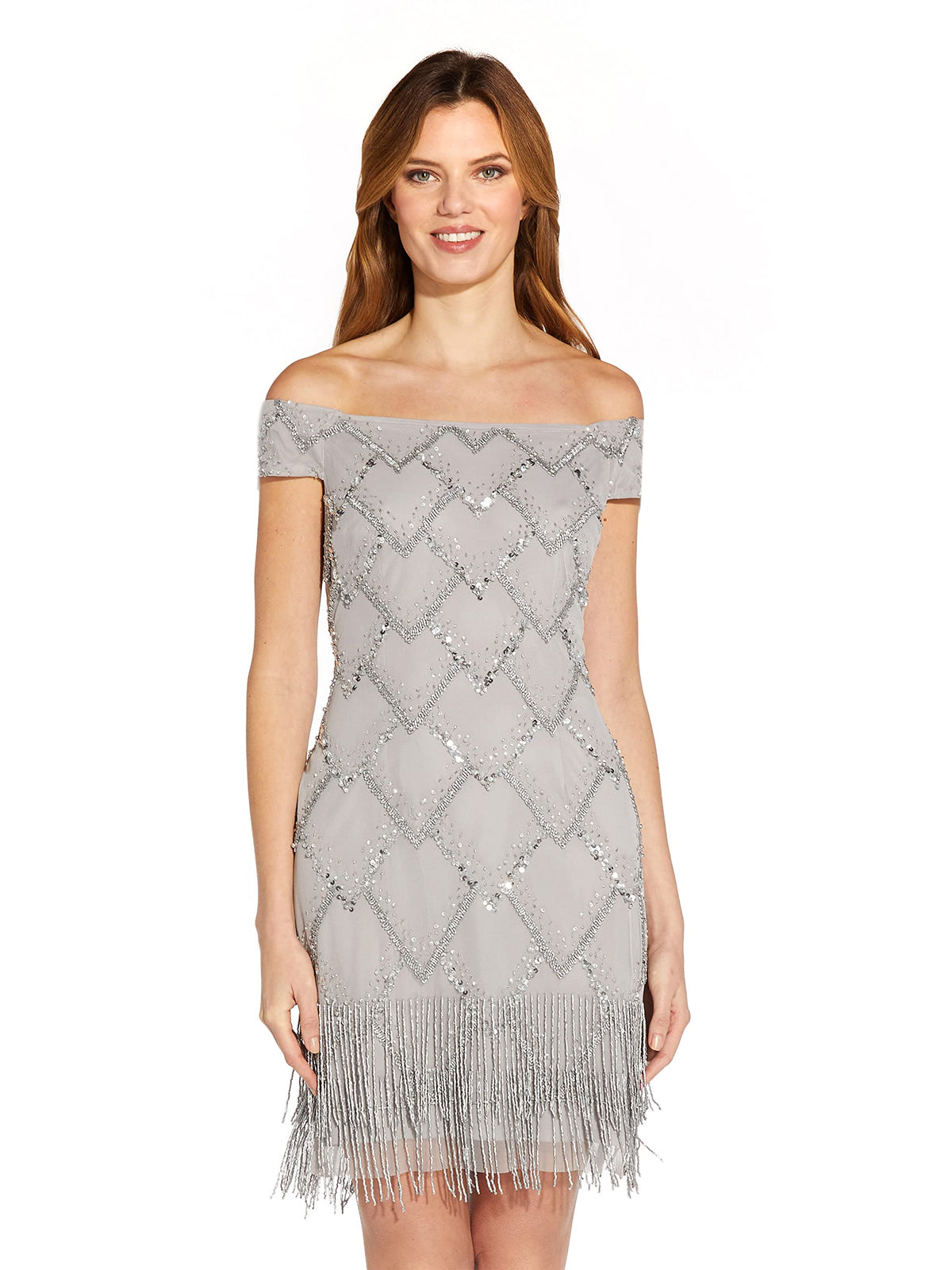 Adrianna Papell Womens Beaded Off Shoulder Gown