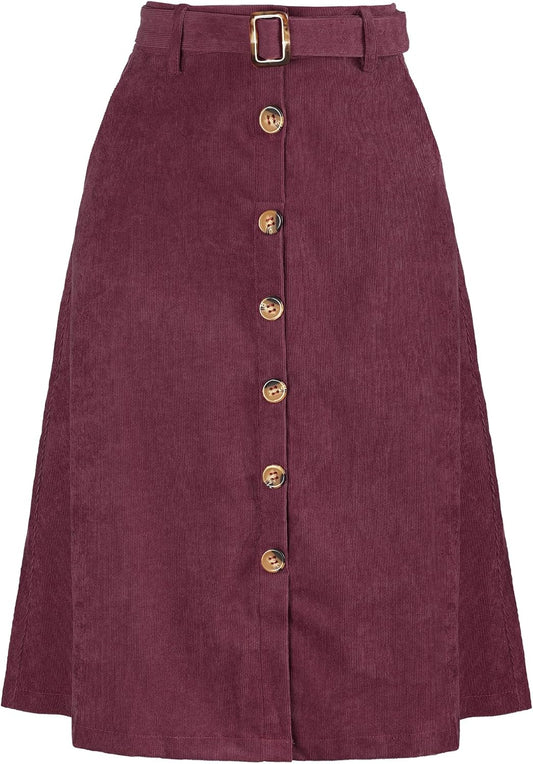 Allegra K Women's Button Front High Waist A-Line Belted Corduroy Midi Skirt