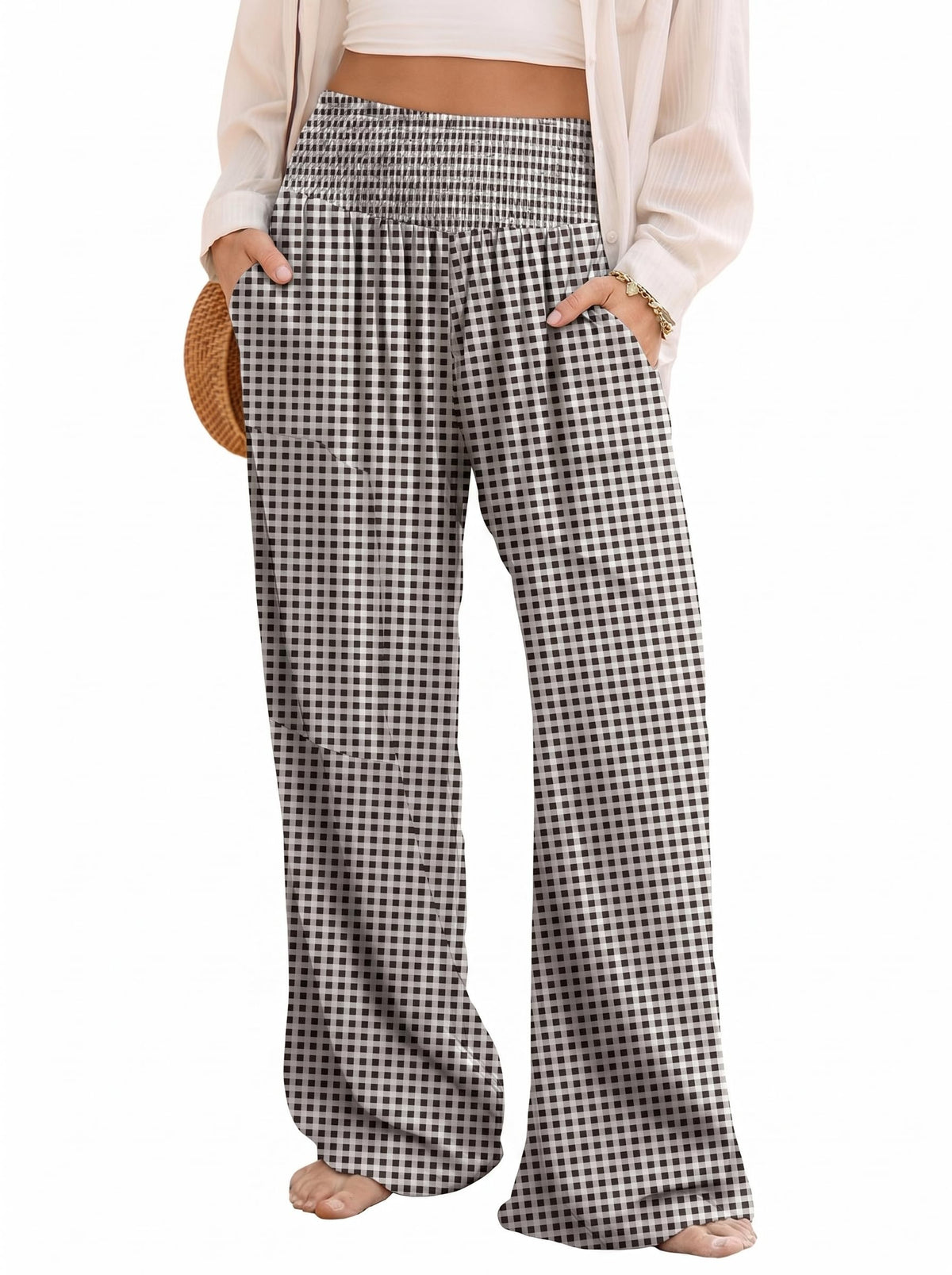 Dokotoo Women's Summer Boho Floral Bagyy Pants Wide Leg High Smocked Waist Casual Loose Palazzo Pants with Pocket