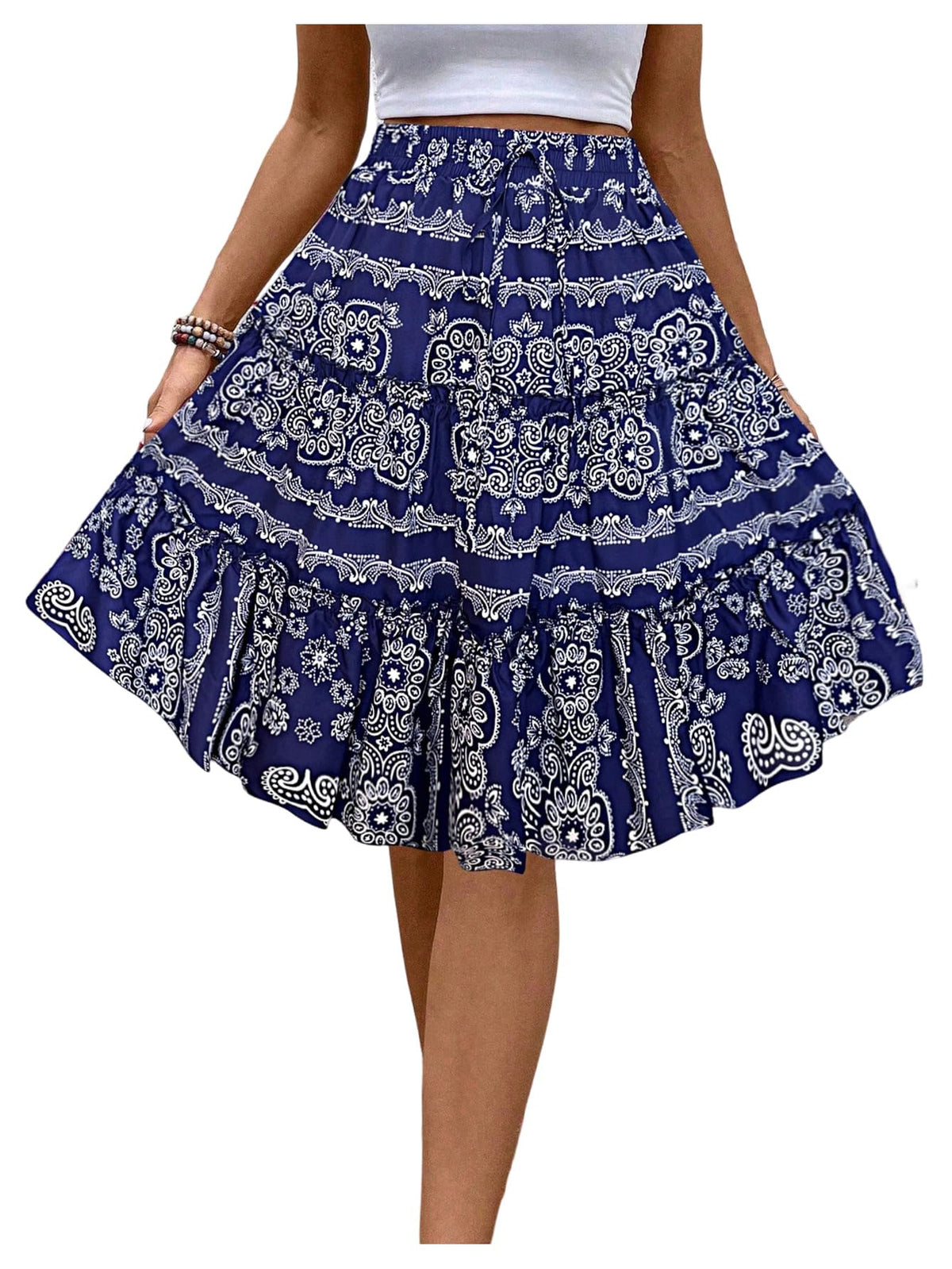 Verdusa Women's Boho Floral Tiered Ruffle Skirts Flowy Flared Summer Knee Length Midi Skirt