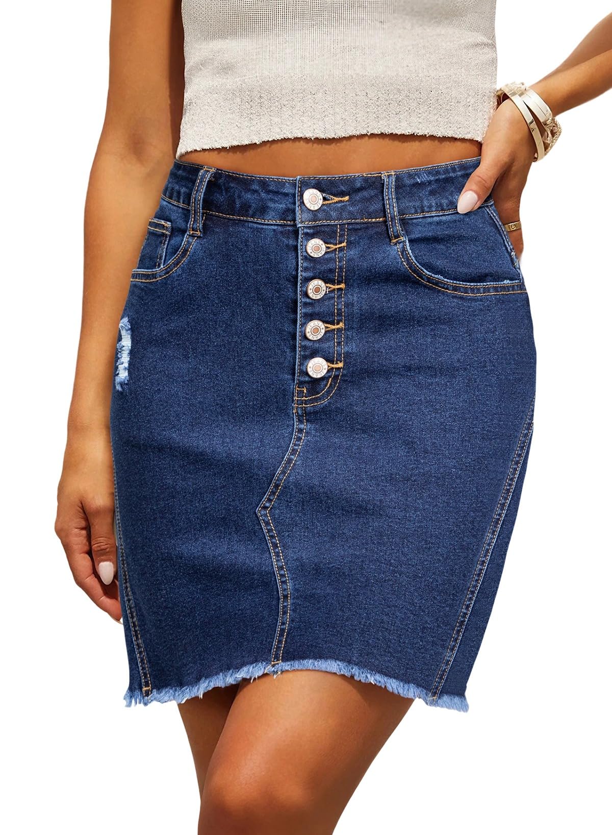 Sidefeel Women's Jean Skirt StretchyButton Fly Denim Skirt