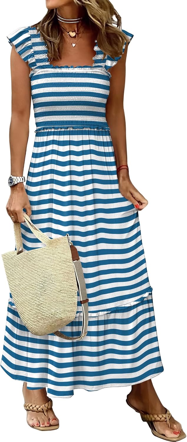 ANRABESS Womens Summer Sleeveless Maxi Dress Square Neck Smocked Boho Casual Ruffle Strap Flowy A-Line Long Beach Sundress