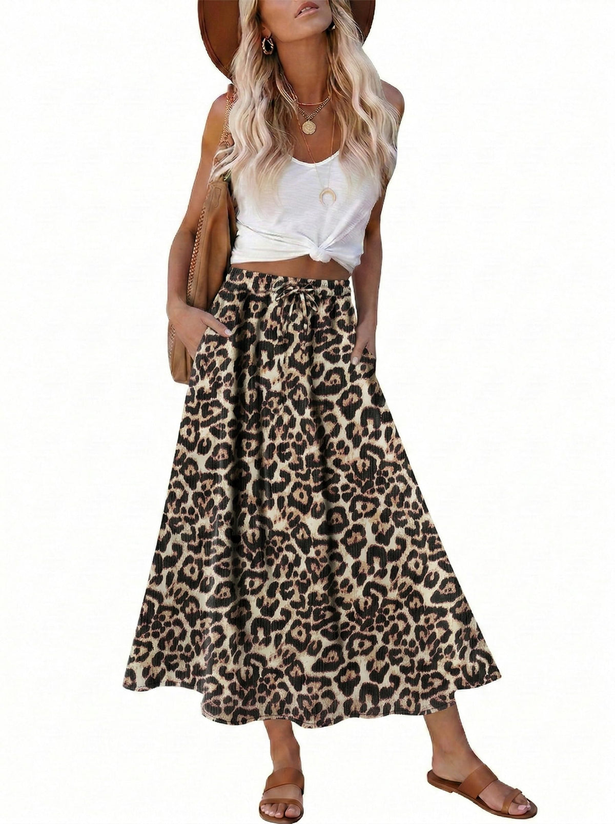 Magritta Women's Print Midi Skirt with Pocket Elastic High Waist 2026 Trendy A-Line Bohe Leopardr Swing Skirts for Women