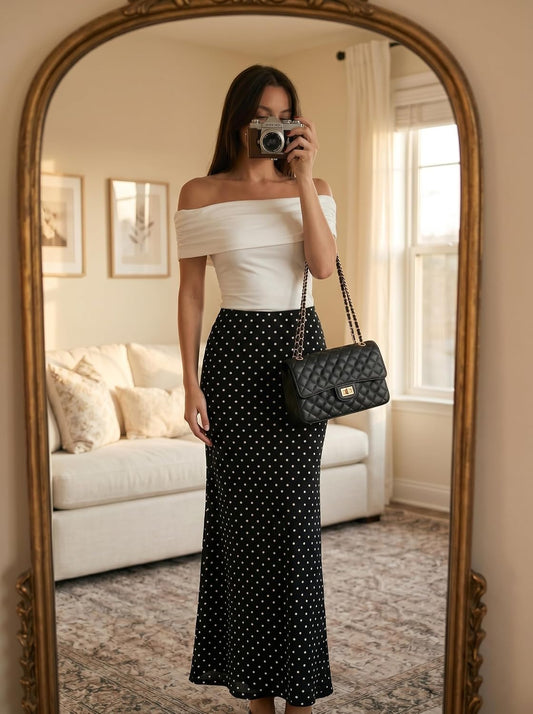 BLENCOT Womens High Waisted Long Mesh Polka Dot Maxi Skirt
