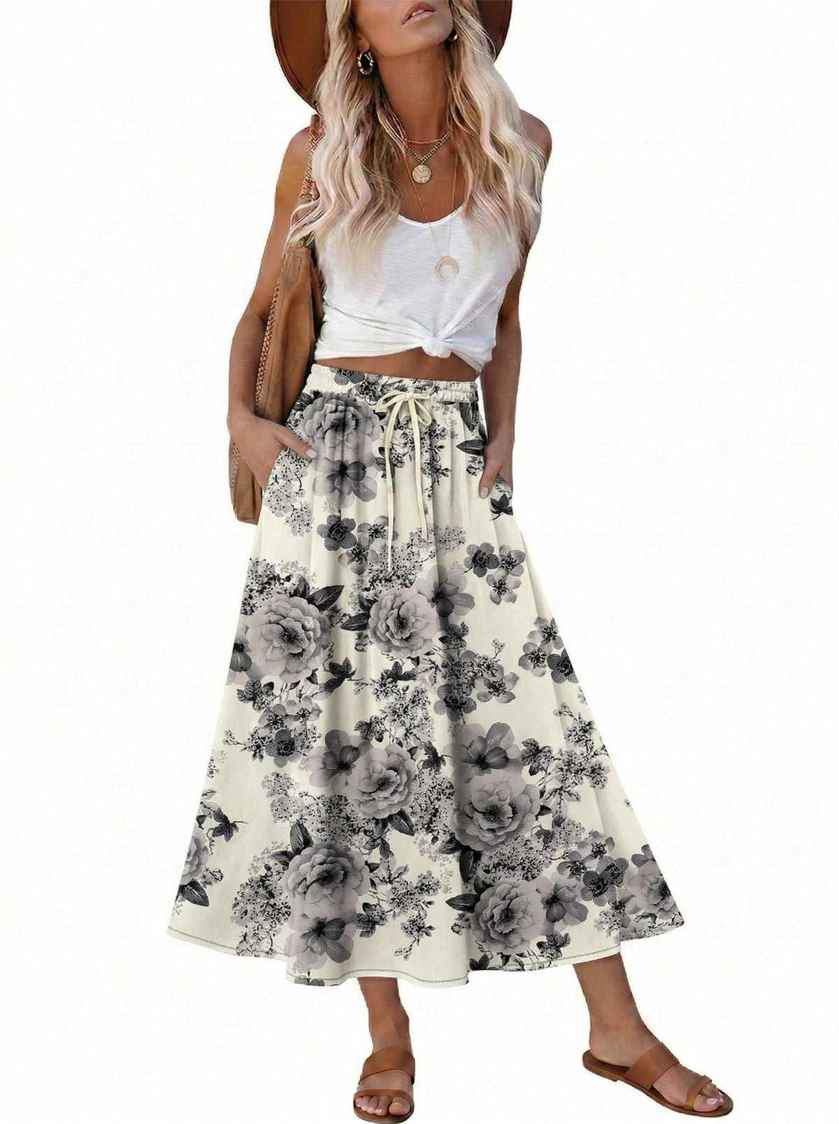 Magritta Women's Print Midi Skirt with Pocket Elastic High Waist 2026 Trendy A-Line Bohe Leopardr Swing Skirts for Women