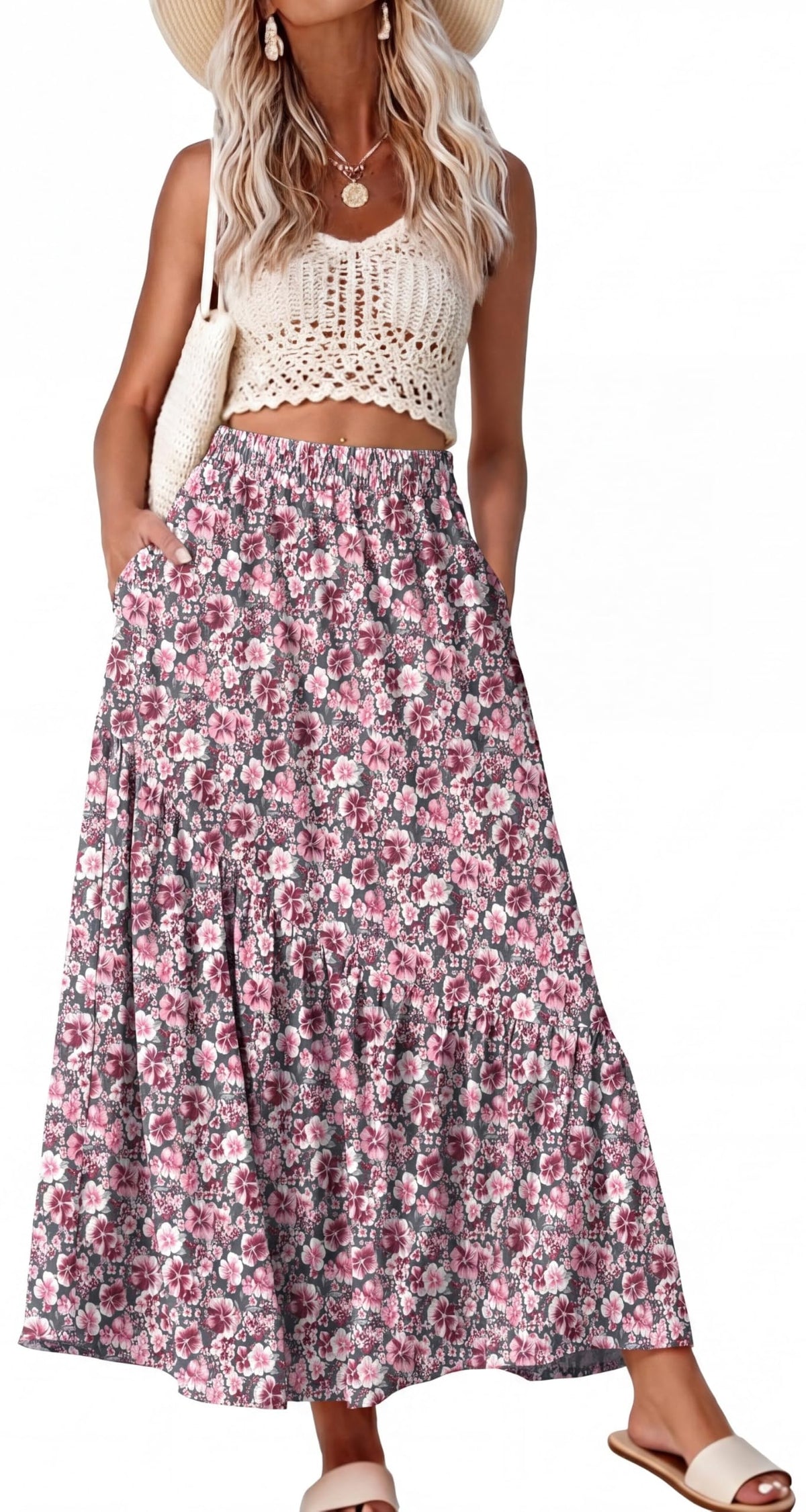 GRECERELLE Women's Maxi Skirt High Waist Tiered A-Line with Pockets