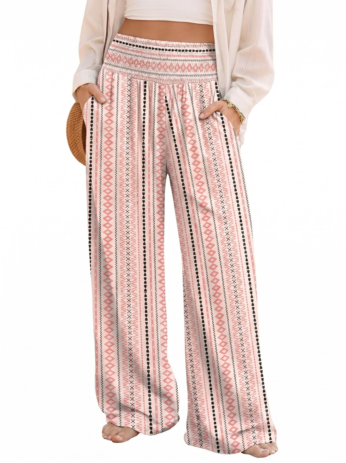 Dokotoo Women's Summer Boho Floral Bagyy Pants Wide Leg High Smocked Waist Casual Loose Palazzo Pants with Pocket