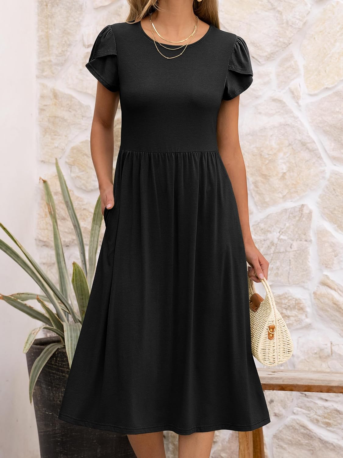 ANRABESS Women's Summer Petal Short Sleeve Midi Dress with Pockets