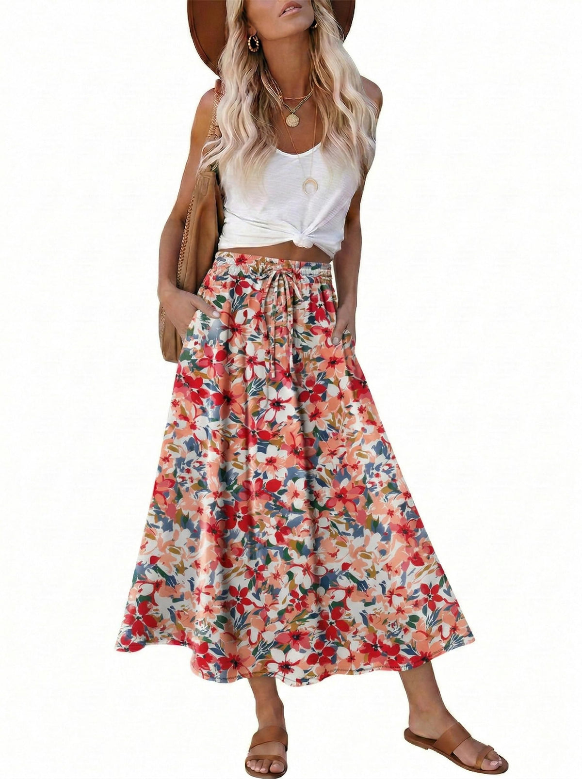 Magritta Women's Print Midi Skirt with Pocket Elastic High Waist 2026 Trendy A-Line Bohe Leopardr Swing Skirts for Women