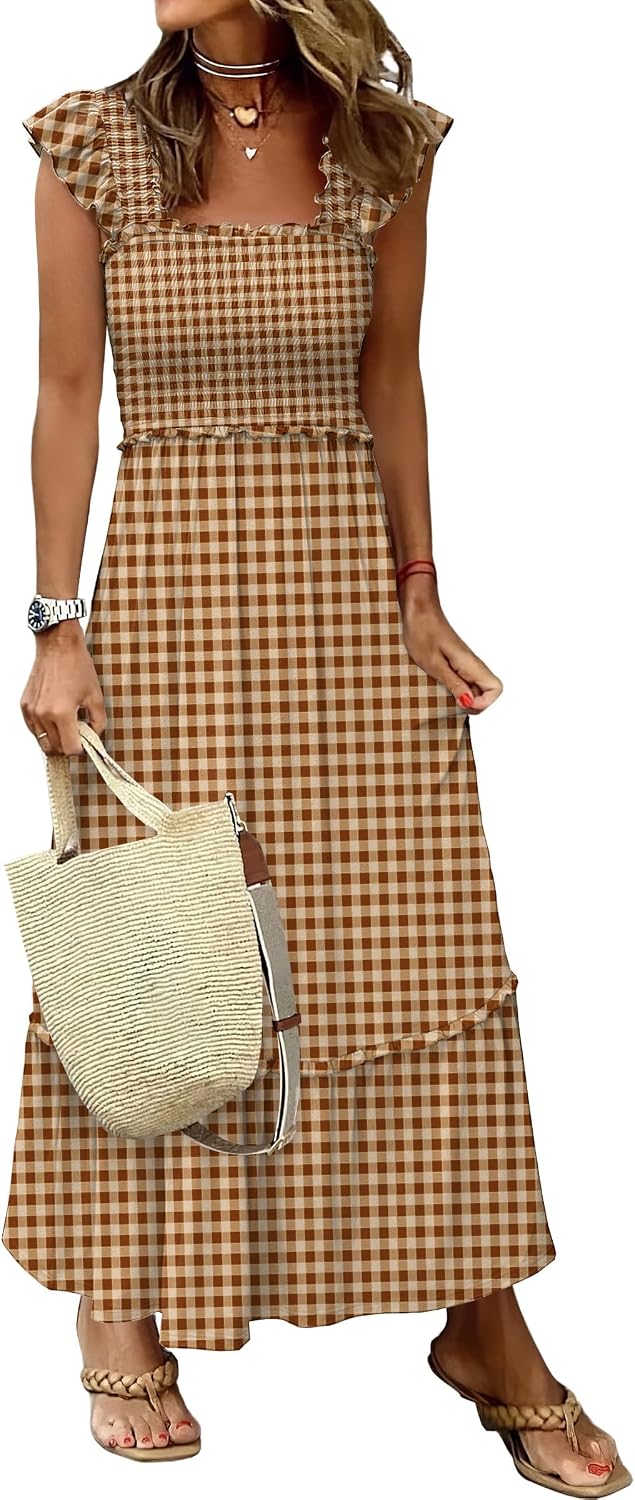ANRABESS Womens Summer Sleeveless Maxi Dress Square Neck Smocked Boho Casual Ruffle Strap Flowy A-Line Long Beach Sundress
