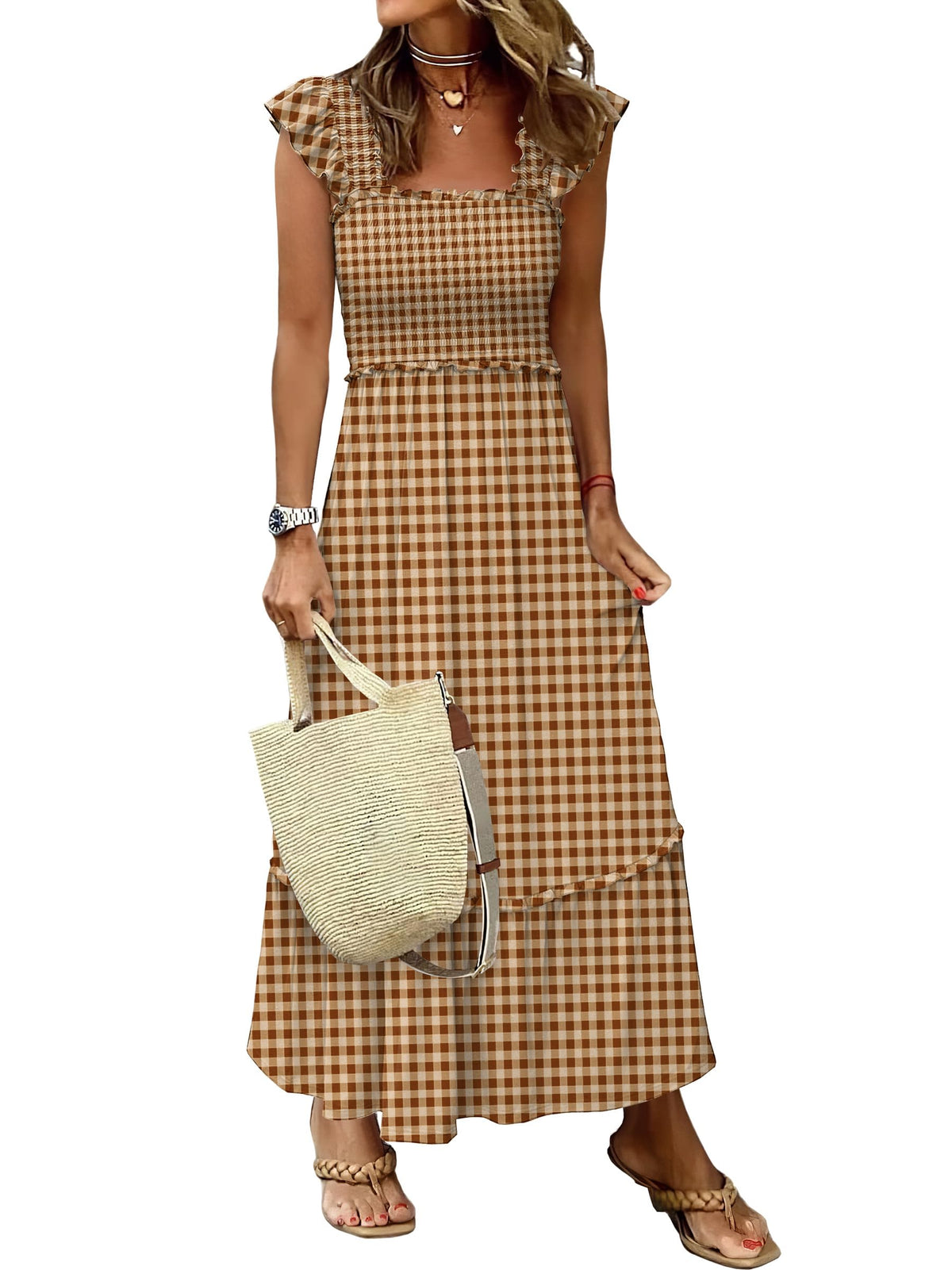 ANRABESS Womens Summer Sleeveless Maxi Dress Square Neck Smocked Boho Casual Ruffle Strap Flowy A-Line Long Beach Sundress