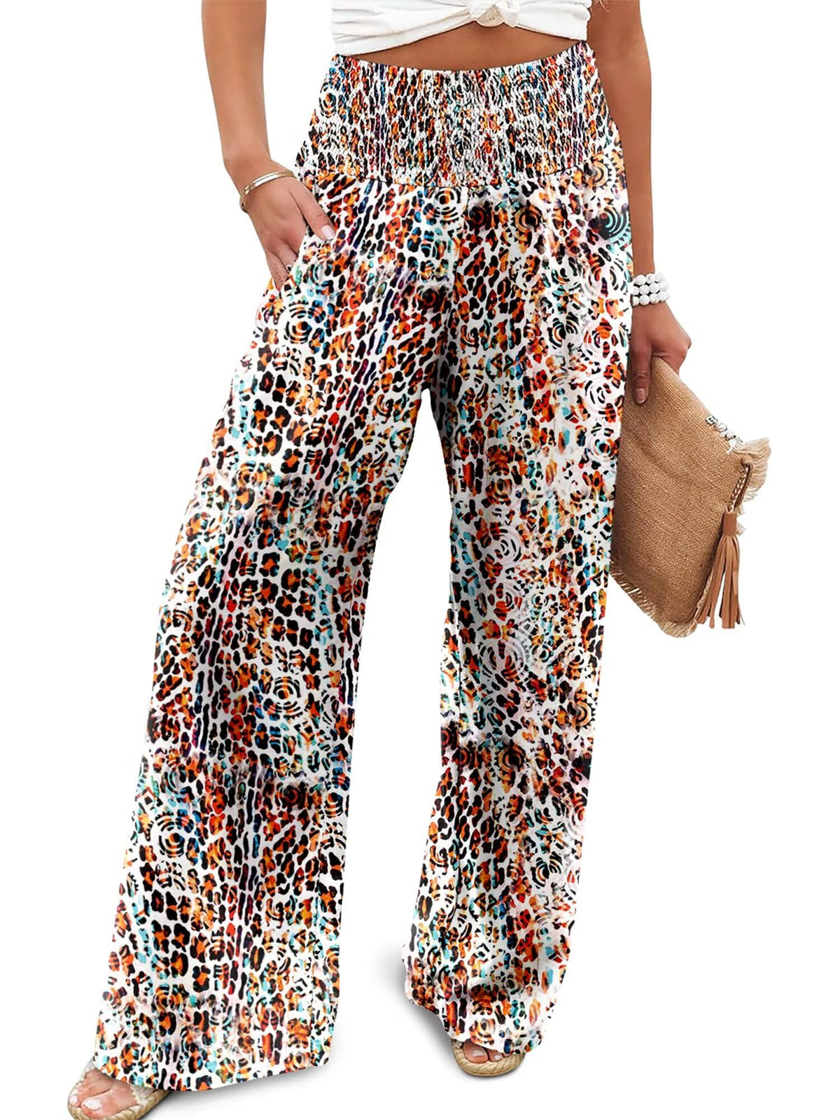 JZC Womens Wide Leg Pants Elastic High Waisted Palazzo Pants Summer Flowy Casual Trousers Beach Travel Vacation Outfits