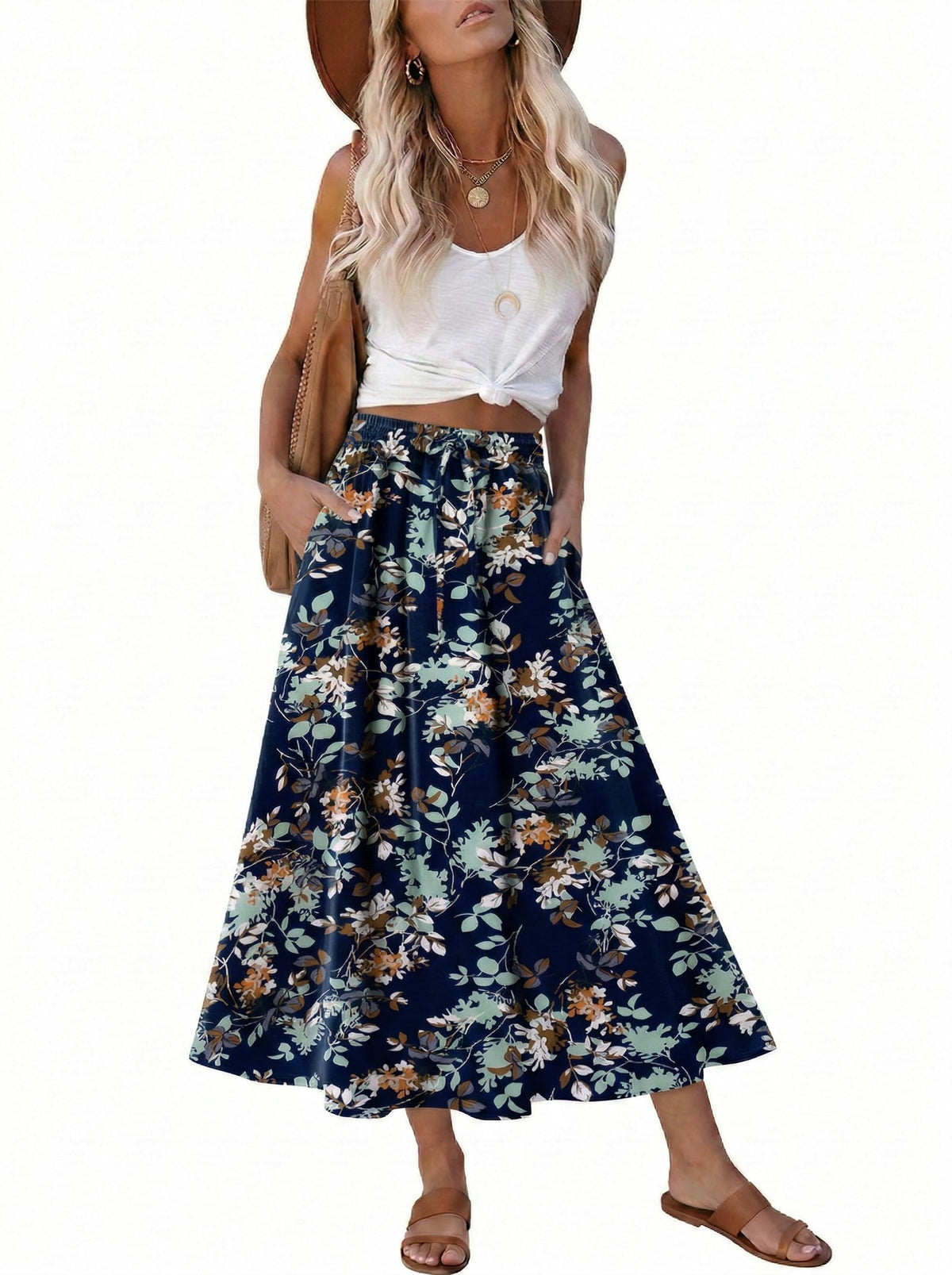 Magritta Women's Print Midi Skirt with Pocket Elastic High Waist 2026 Trendy A-Line Bohe Leopardr Swing Skirts for Women