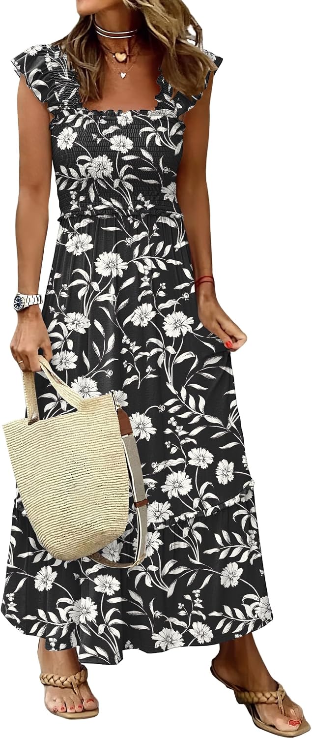 ANRABESS Womens Summer Sleeveless Maxi Dress Square Neck Smocked Boho Casual Ruffle Strap Flowy A-Line Long Beach Sundress
