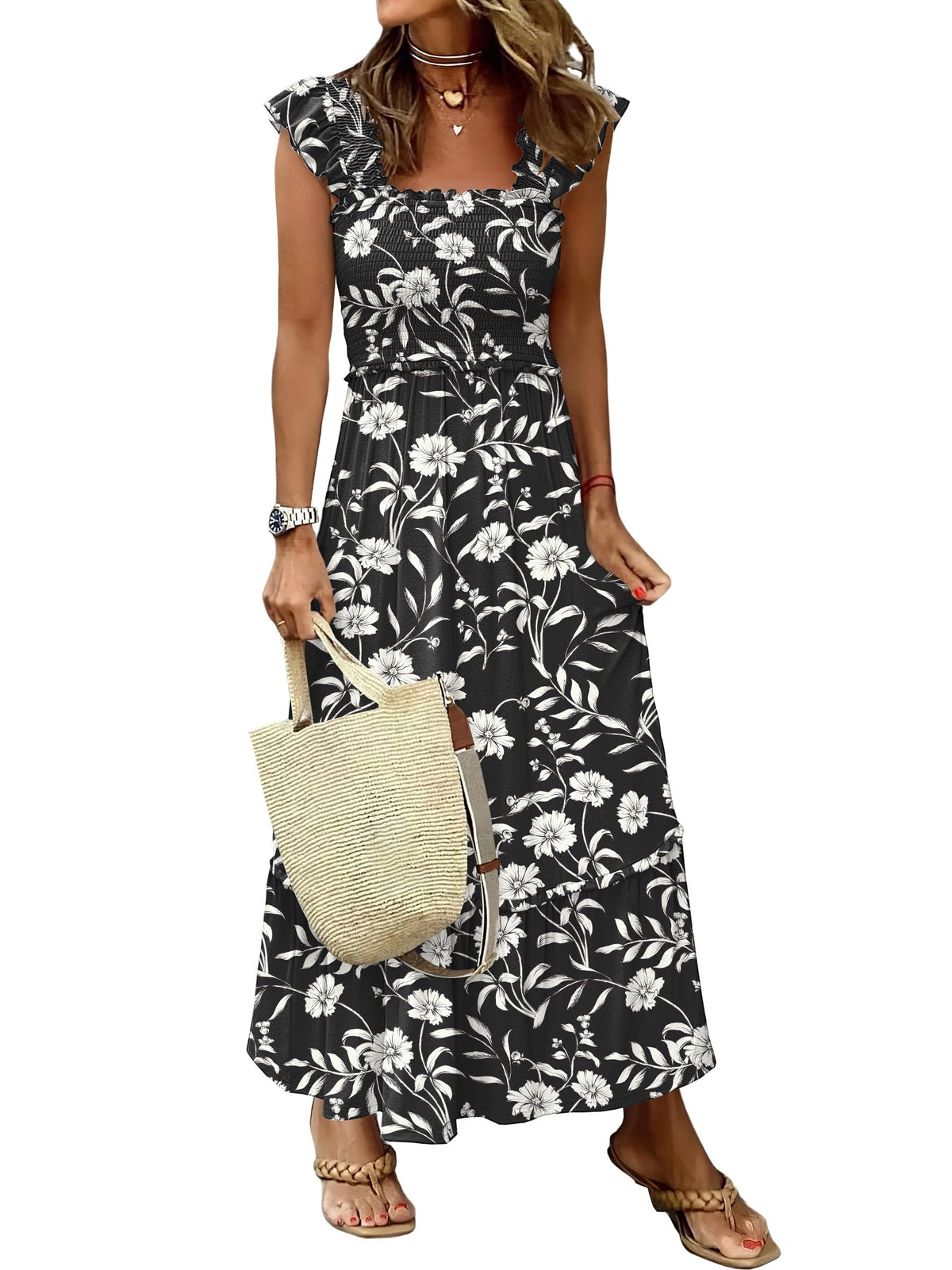 ANRABESS Womens Summer Sleeveless Maxi Dress Square Neck Smocked Boho Casual Ruffle Strap Flowy A-Line Long Beach Sundress
