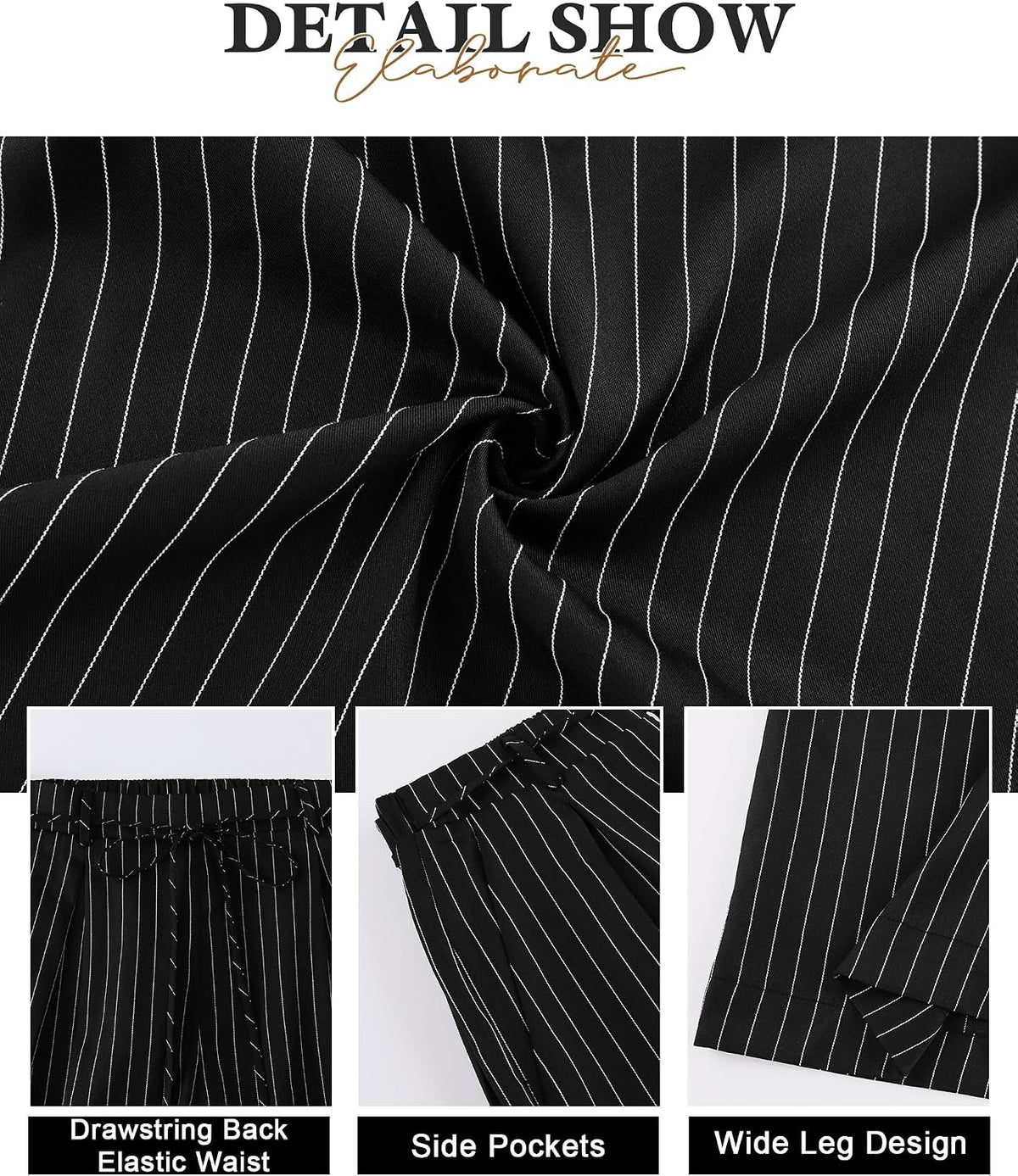 Youtalia Wide Leg Pants for Women Striped Drawstring Back Elastic Waist Trousers Casual with Pockets