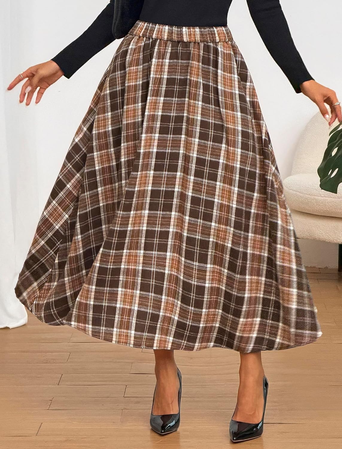 ZAFUL Womens Plaid Skirts Elastic Waist A-Line Pleated Midi Skirts