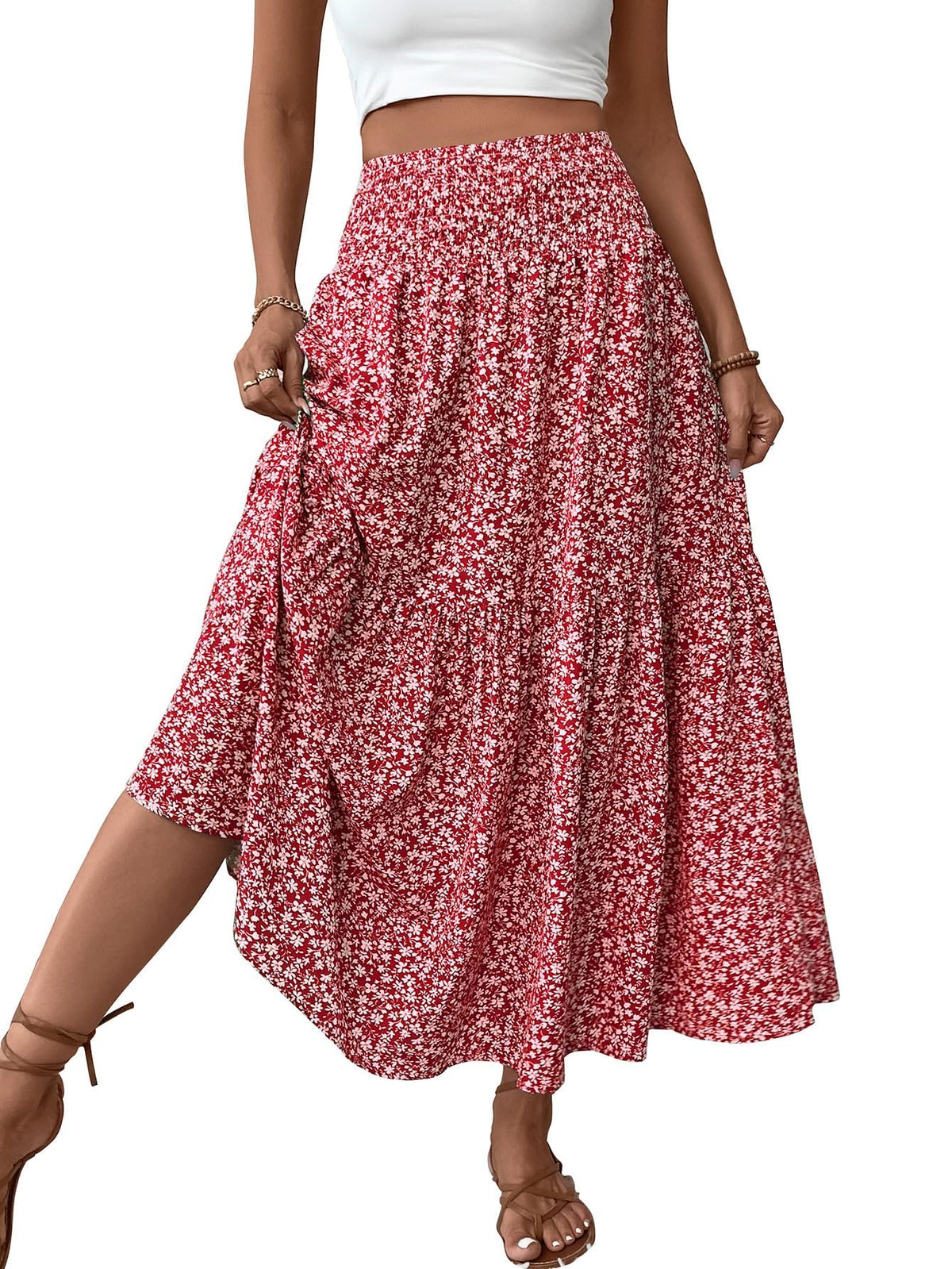 Women's Boho Maxi Skirt Floral Smocked High Waist Long Skirts with Pockets