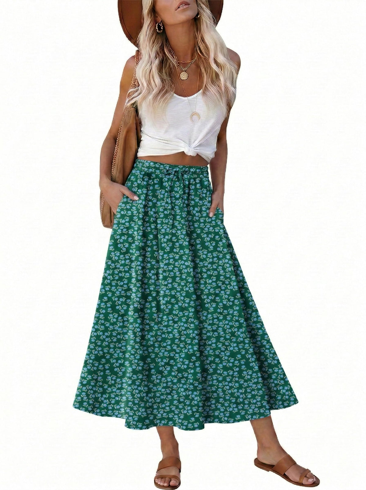 Magritta Women's Print Midi Skirt with Pocket Elastic High Waist 2026 Trendy A-Line Bohe Leopardr Swing Skirts for Women
