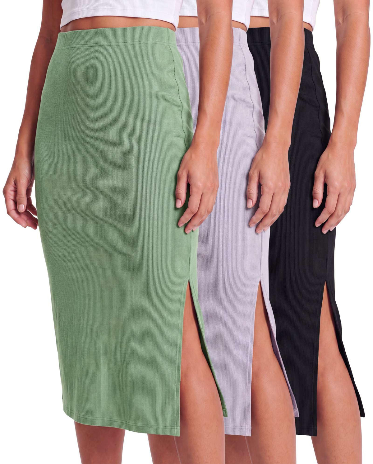 3 Pack Women's Ribbed Midi Skirts High Waisted Pencil Knee Length Work Slit