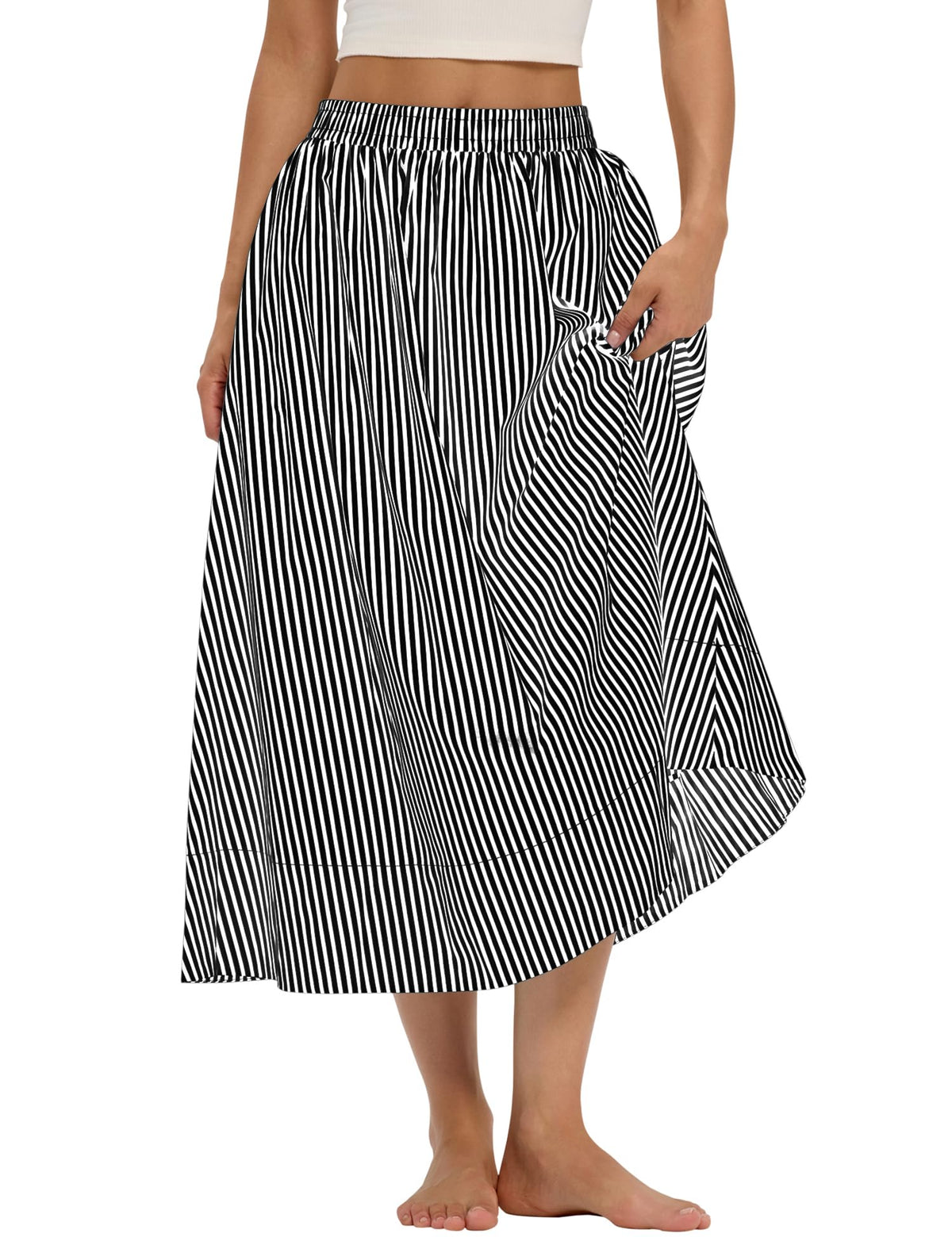LOMON Midi Skirts for Women with Pockets A-Line Cotton Flowy Elastic Waist