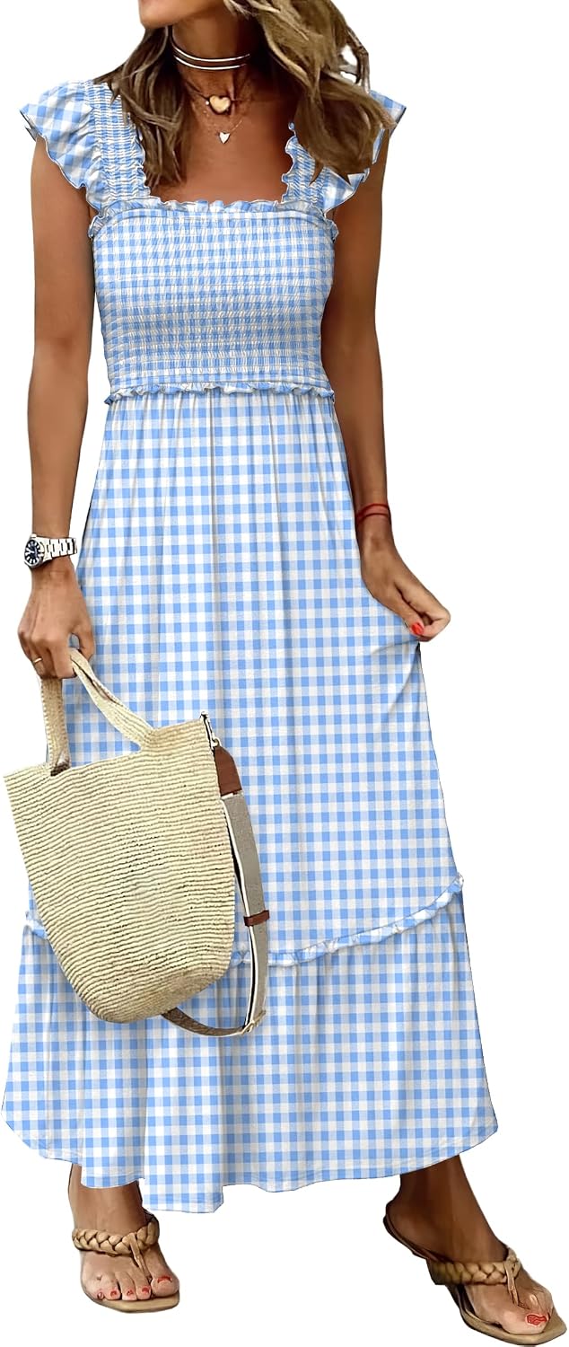 ANRABESS Womens Summer Sleeveless Maxi Dress Square Neck Smocked Boho Casual Ruffle Strap Flowy A-Line Long Beach Sundress