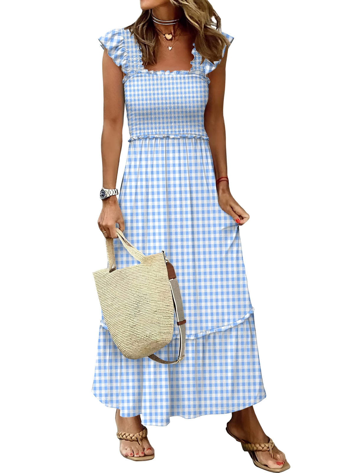 ANRABESS Womens Summer Sleeveless Maxi Dress Square Neck Smocked Boho Casual Ruffle Strap Flowy A-Line Long Beach Sundress