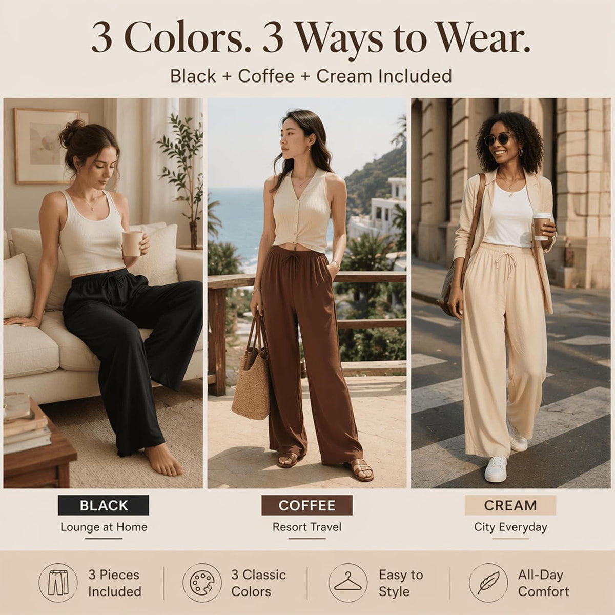 3 Pack Women's Wide Leg Palazzo Pants, Flowy Pants with Pockets