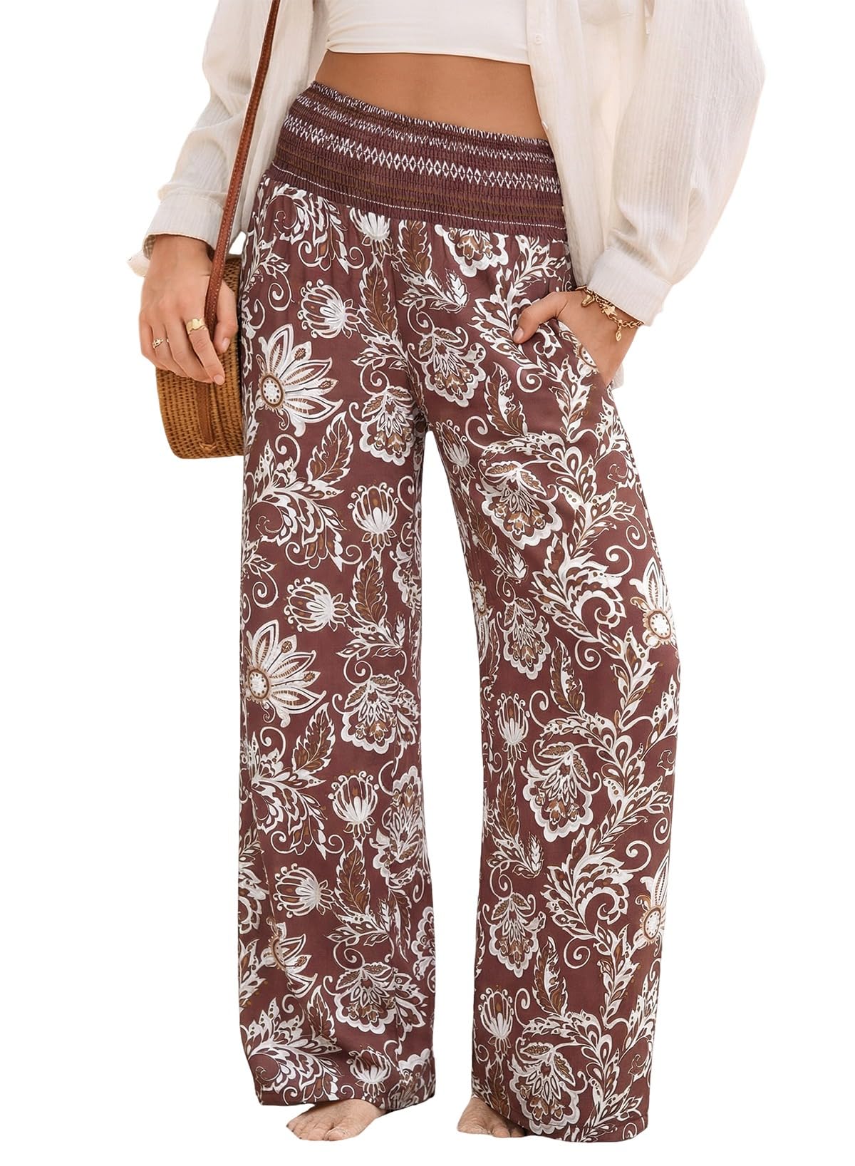 Dokotoo Women's Summer Boho Floral Bagyy Pants Wide Leg High Smocked Waist Casual Loose Palazzo Pants with Pocket