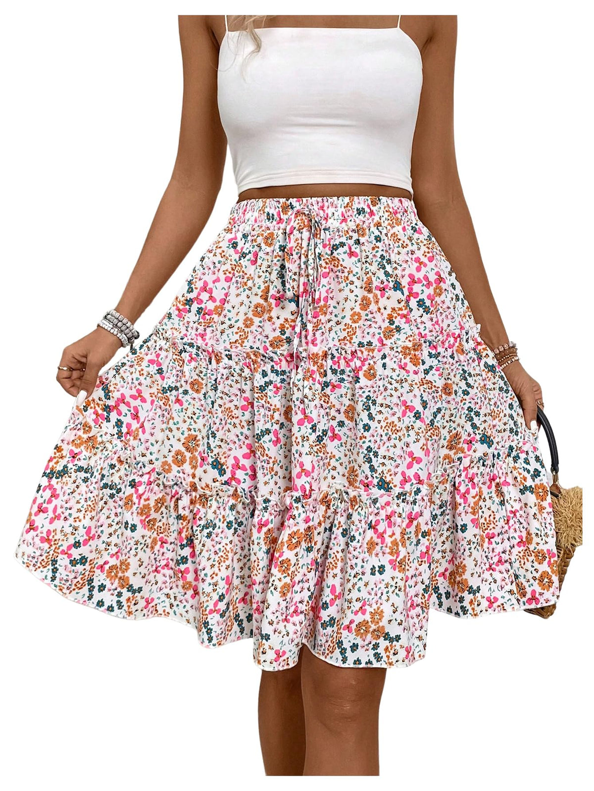 Verdusa Women's Boho Floral Tiered Ruffle Skirts Flowy Flared Summer Knee Length Midi Skirt