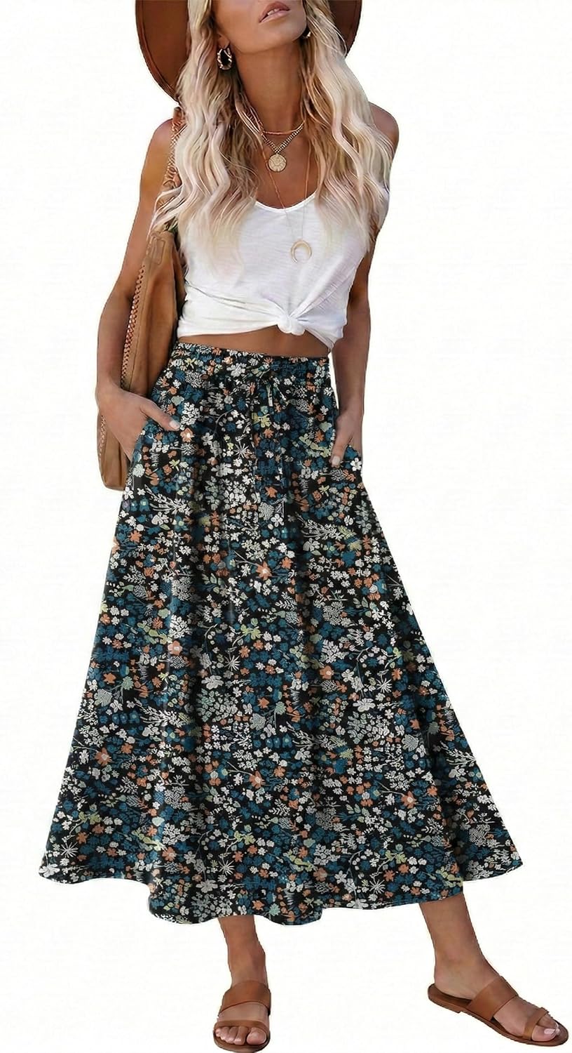 Magritta Women's Print Midi Skirt with Pocket Elastic High Waist 2026 Trendy A-Line Bohe Leopardr Swing Skirts for Women