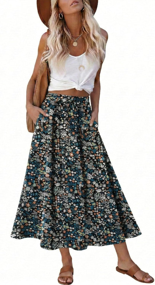 Magritta Women's Print Midi Skirt with Pocket Elastic High Waist 2026 Trendy A-Line Bohe Leopardr Swing Skirts for Women