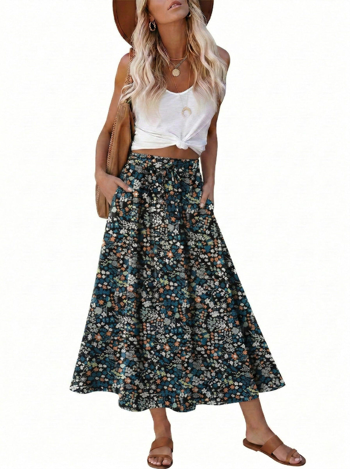 Magritta Women's Print Midi Skirt with Pocket Elastic High Waist 2026 Trendy A-Line Bohe Leopardr Swing Skirts for Women