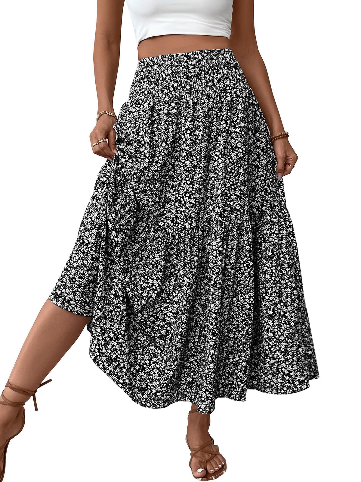 Women's Boho Maxi Skirt Floral Smocked High Waist Long Skirts with Pockets