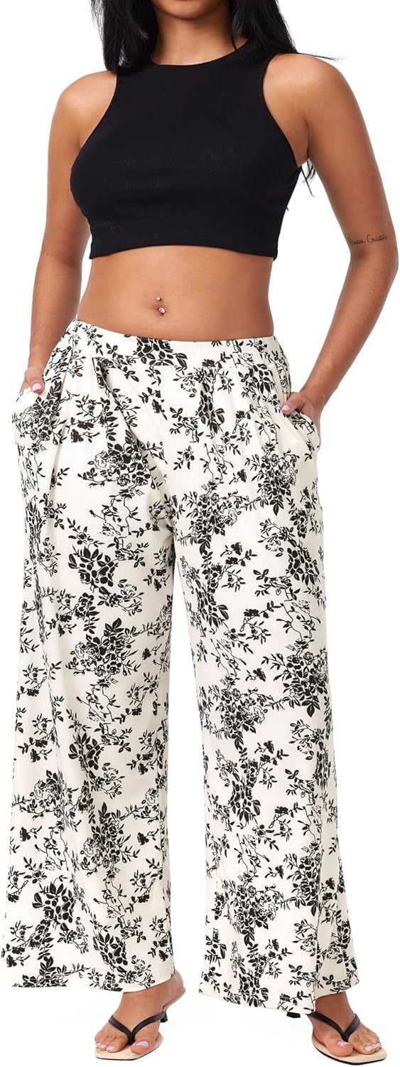 CIDER Palazzo Pants for Women Wide Leg Flowy Pants with Pockets Elastic Mid Waist Summer Beach Vacation Outfits Lightweight