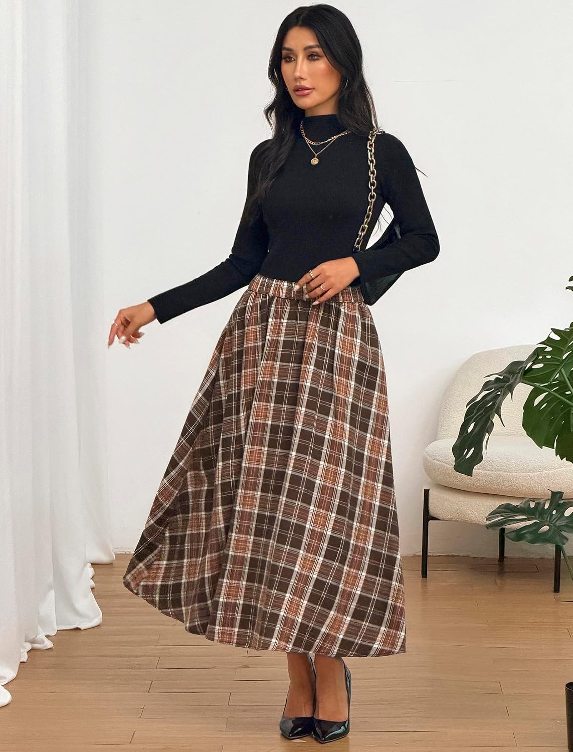 ZAFUL Womens Plaid Skirts Elastic Waist A-Line Pleated Midi Skirts