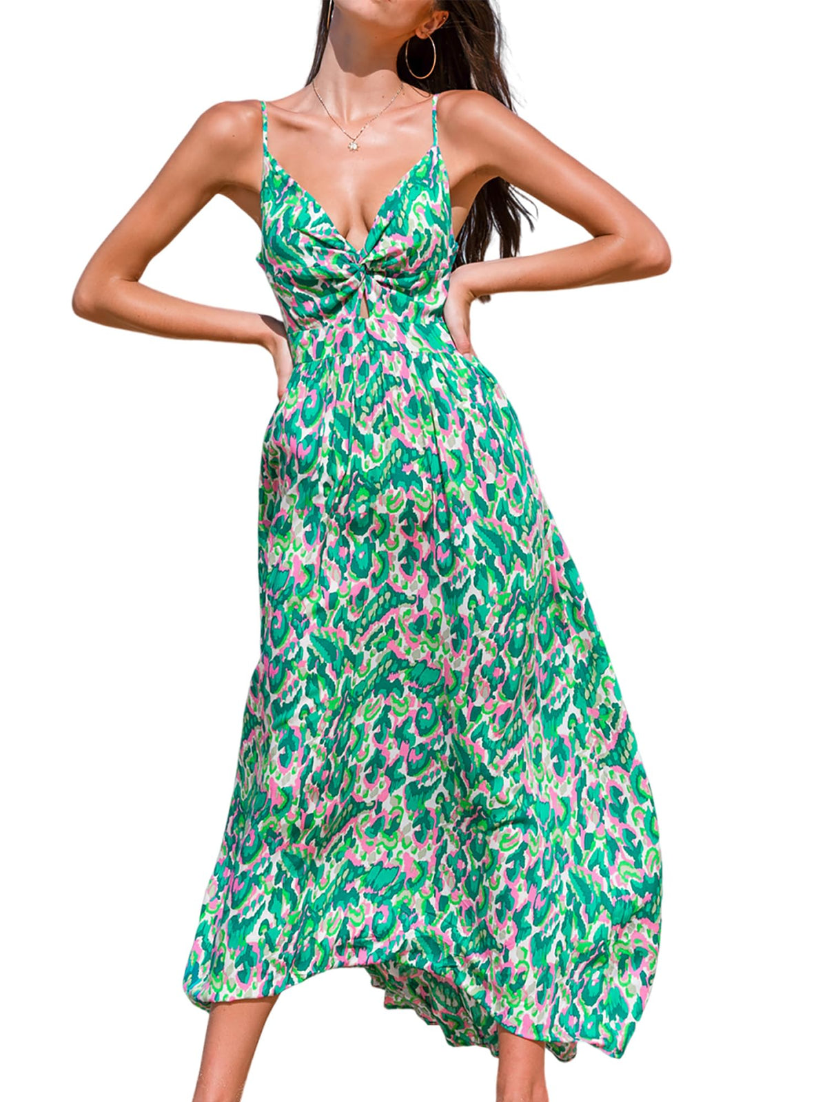 CUPSHE Women's Maxi Dress Floral Print Twisted V Neck Sleeveless Long Dress Summer Casual Dress