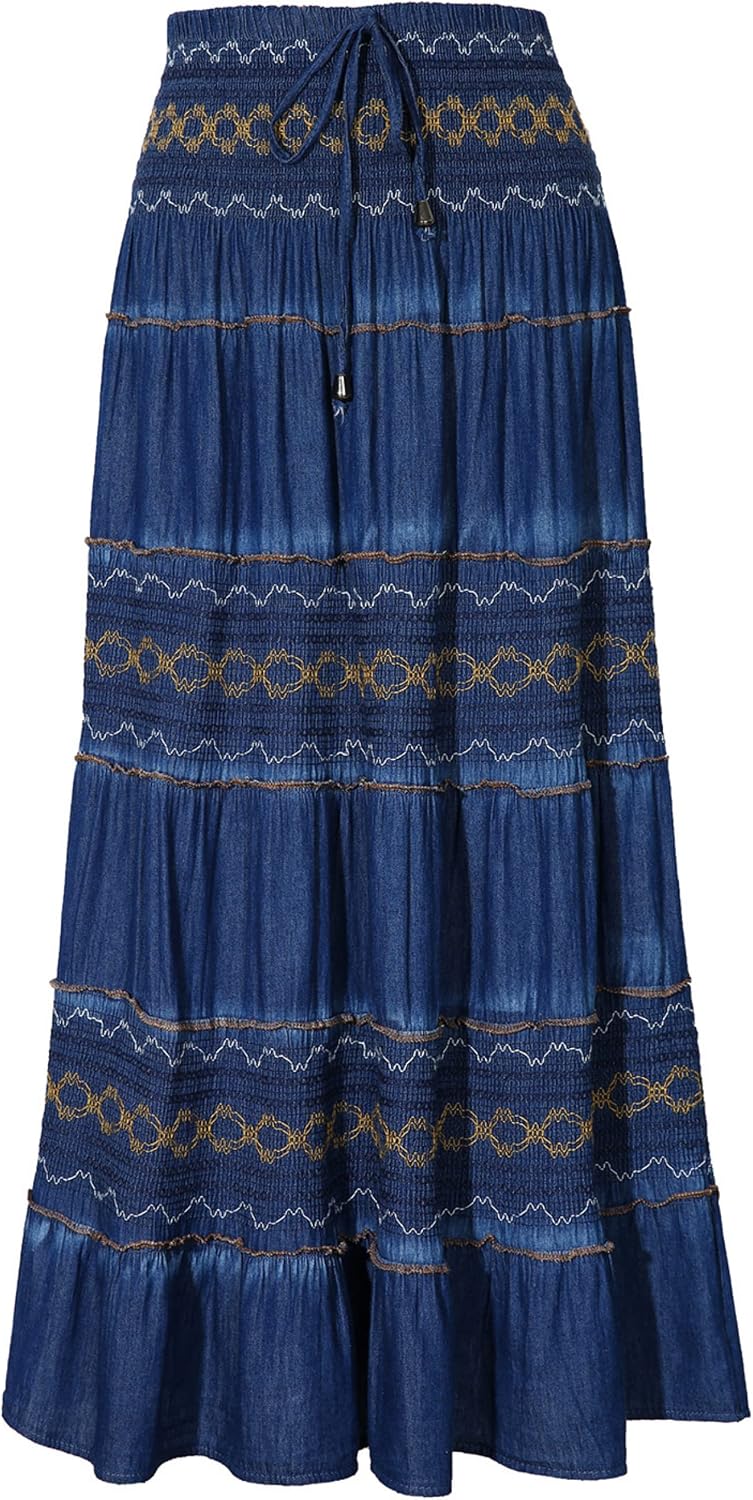 DREFBUFY Womens Denim Skirt High Waist Pleated Tiered Long Skirts Maxi Casual Style Jean Dress for Women