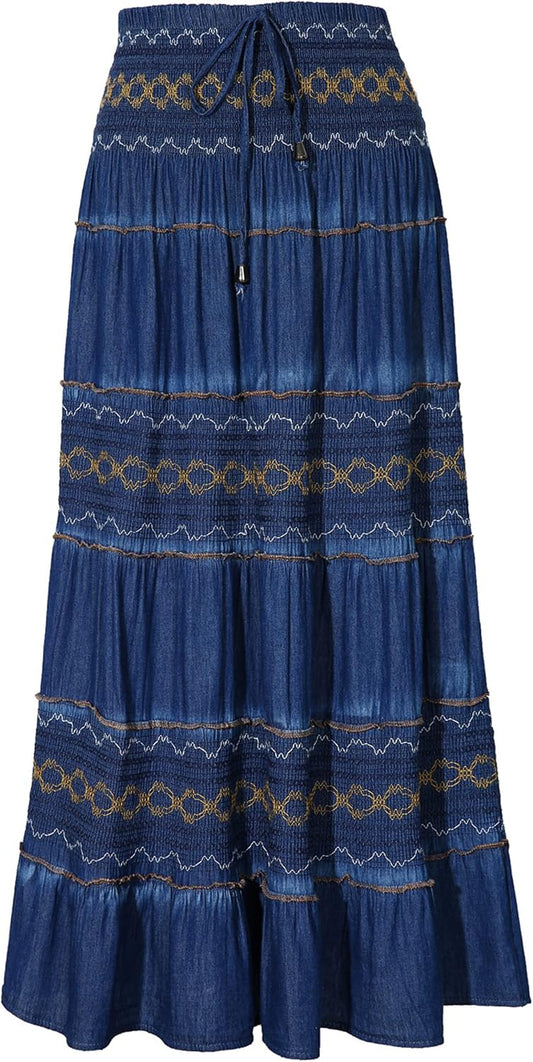 DREFBUFY Womens Denim Skirt High Waist Pleated Tiered Long Skirts Maxi Casual Style Jean Dress for Women